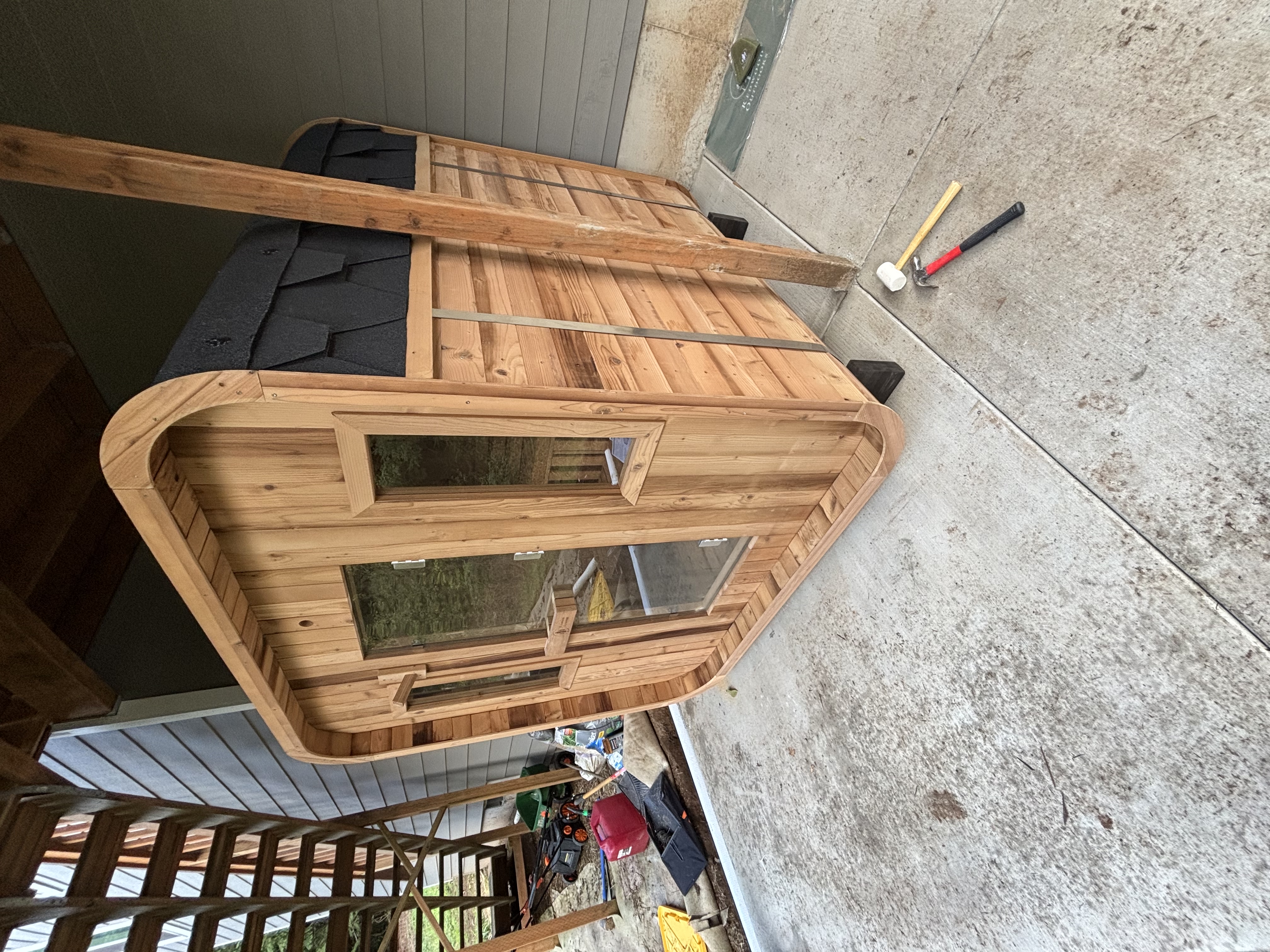 Cedar sauna interior with bench seating